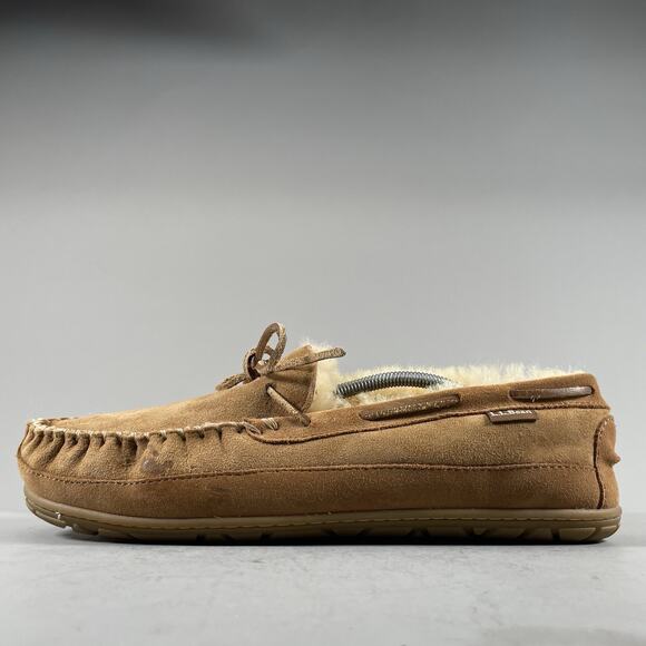 LL Bean Mens Size 13 Slip On Brown Suede Wicked Shearling Lined Moccasin Slipper - Picture 1 of 9